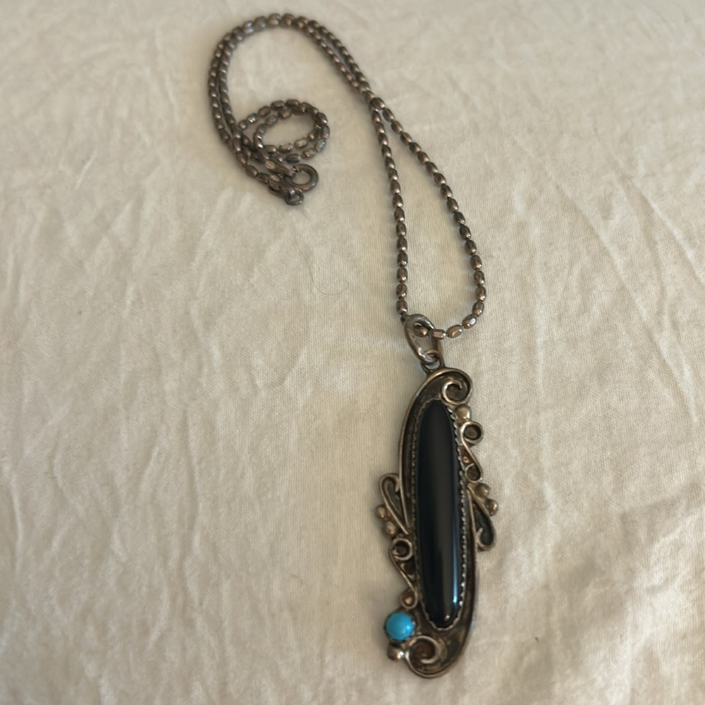 Vintage Signed Stamped Sterling Silver Onyx Turquoise Pendant Necklace - Picture 10 of 15